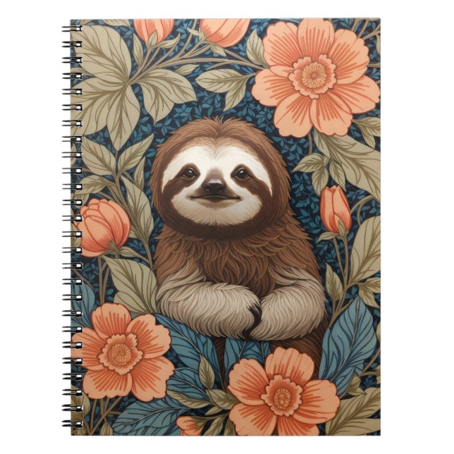 Cute Sloth Elegant Floral William Morris Inspired Notebook (Front)