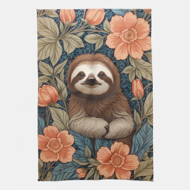 Cute Sloth Elegant Floral William Morris Inspired Tea Towel (Vertical)