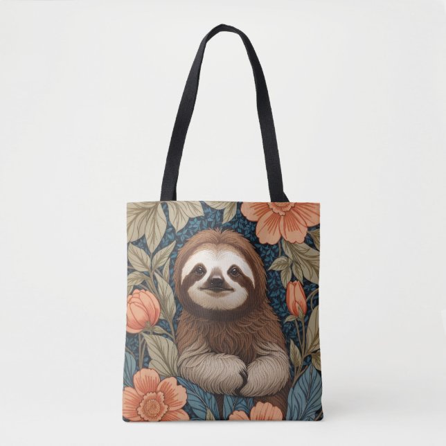 Cute Sloth Elegant Floral William Morris Inspired Tote Bag (Front)