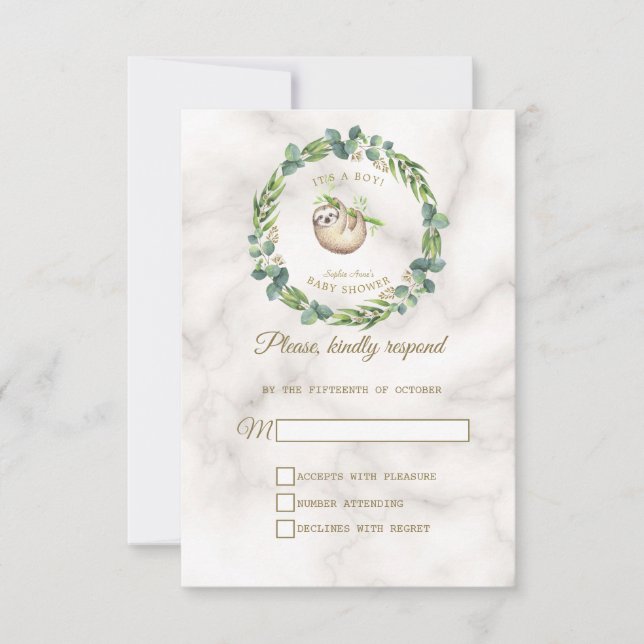 Cute Sloth Eucalyptus Wreath Baby Shower RSVP Card (Front)