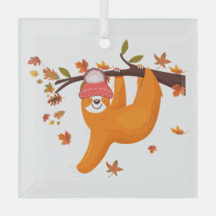 cute sloth fall autumn leaves happy thanksgiving w glass tree decoration