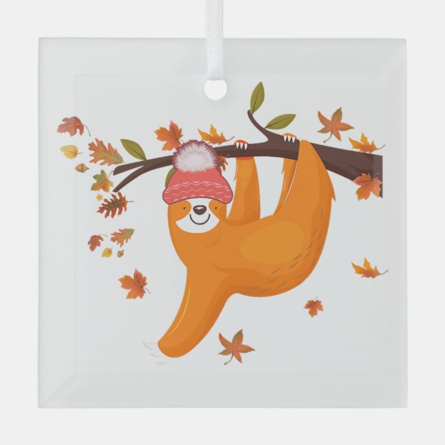 cute sloth fall autumn leaves happy thanksgiving w glass tree decoration (Front)