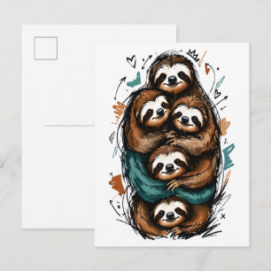 Cute Sloth Family Stack – Funny Hand-Drawn Postcard