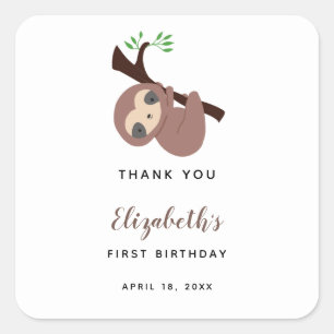 Cute Sloth First Birthday Adorable Animal Kawaii Square Sticker