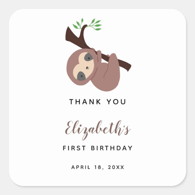 Cute Sloth First Birthday Adorable Animal Kawaii Square Sticker (Front)