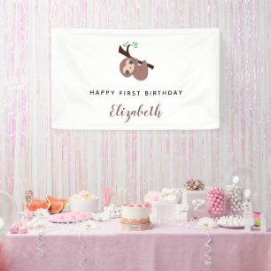Cute Sloth First Birthday Adorable Animal Minimal Banner