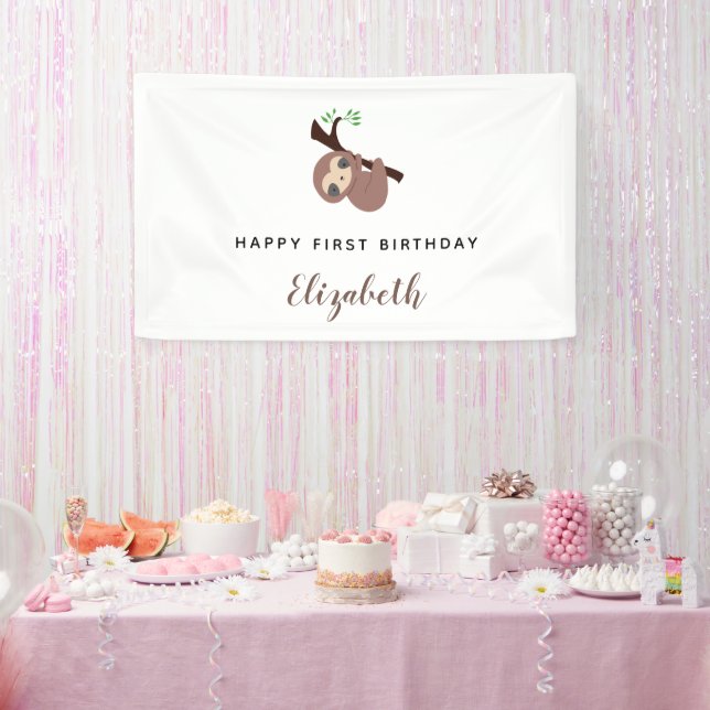 Cute Sloth First Birthday Adorable Animal Minimal Banner (Party)