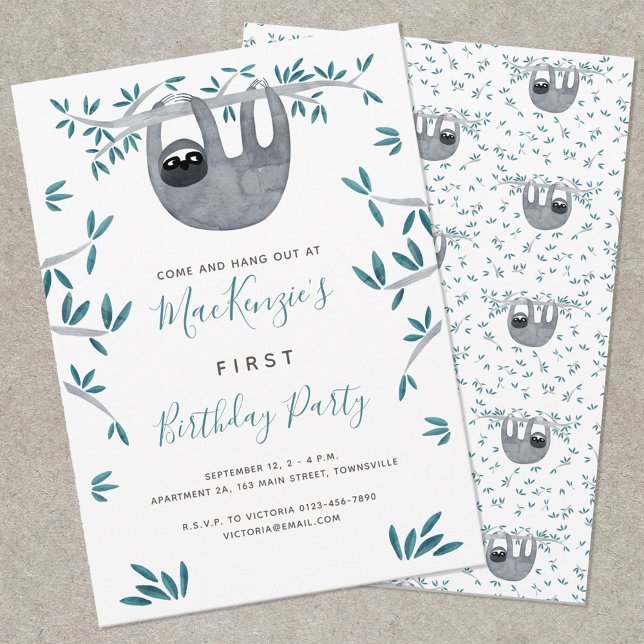 Cute Sloth First Birthday Party Invitation (Cute sloth first birthday party invitation)