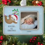 Cute Sloth First Christmas Photo Silver Plated Framed Ornament<br><div class="desc">Cute little sloth dressed in a santa hat hanging out on a holly branch baby's First Christmas Ornament. . Matching items available in our shop.</div>