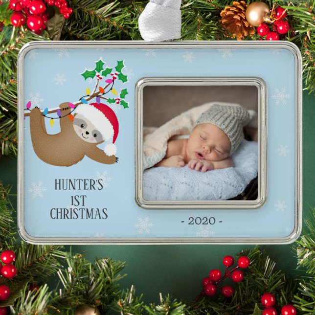 Cute Sloth First Christmas Photo Silver Plated Framed Ornament (Creator Uploaded)