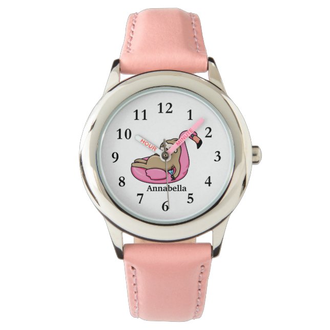 Cute Sloth Flamingo Summer with Name Girls Watch (Front)