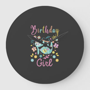 Cute Sloth Floral Girls Birthday Party T-Shirt Large Clock