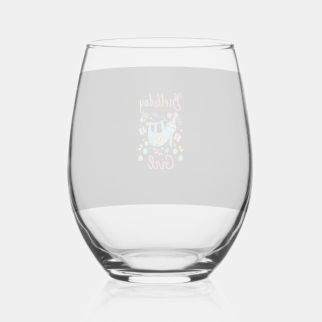 Cute Sloth Floral Girls Birthday Party T-Shirt Stemless Wine Glass (Front)