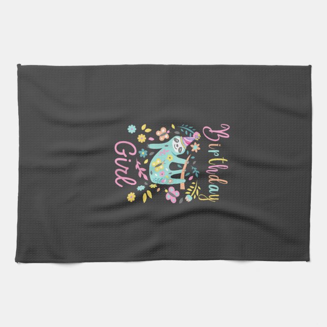 Cute Sloth Floral Girls Birthday Party T-Shirt Tea Towel (Horizontal)