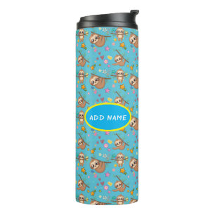 Cute Sloth   Flowers Blue Pattern Stars Template Thermal Tumbler