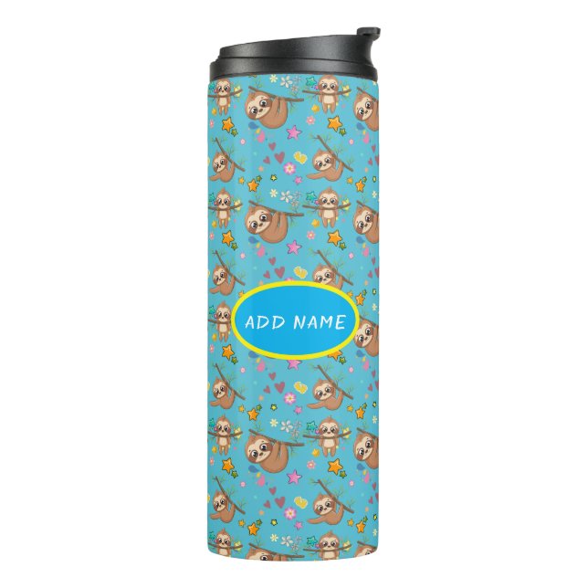 Cute Sloth | Flowers Blue Pattern Stars Template Thermal Tumbler (Rotated Left)