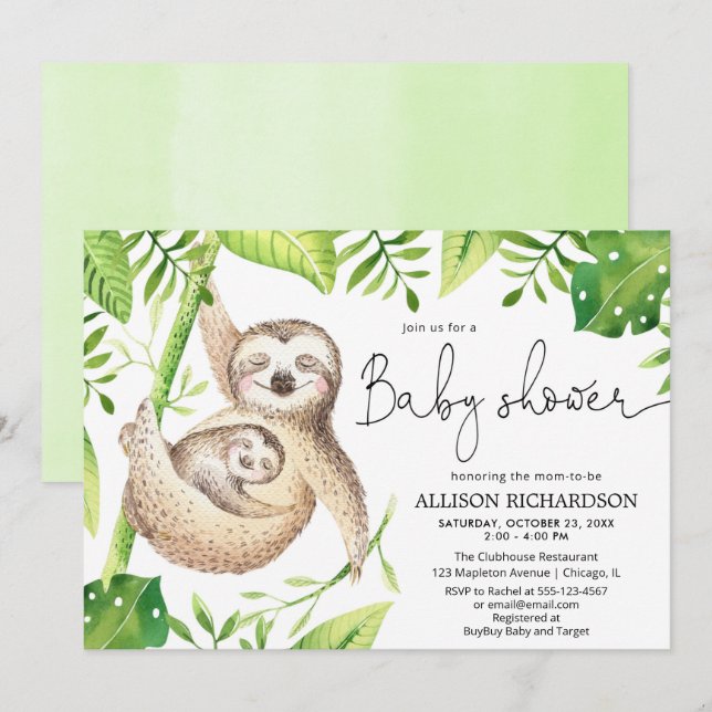 Cute sloth gender neutral greenery baby shower invitation (Front/Back)