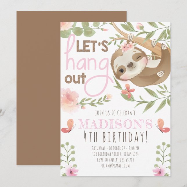 Cute Sloth Girl Birthday  Invitation (Front/Back)