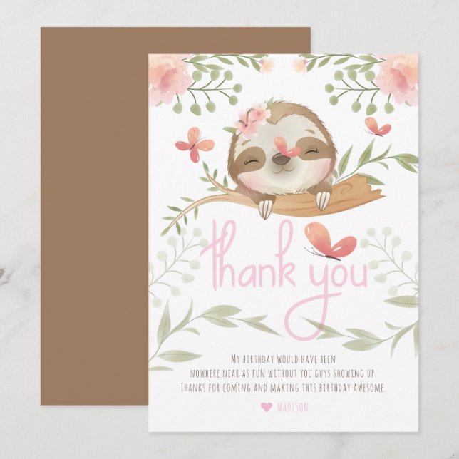 Cute Sloth Girl Birthday Thank You Card (Front/Back)