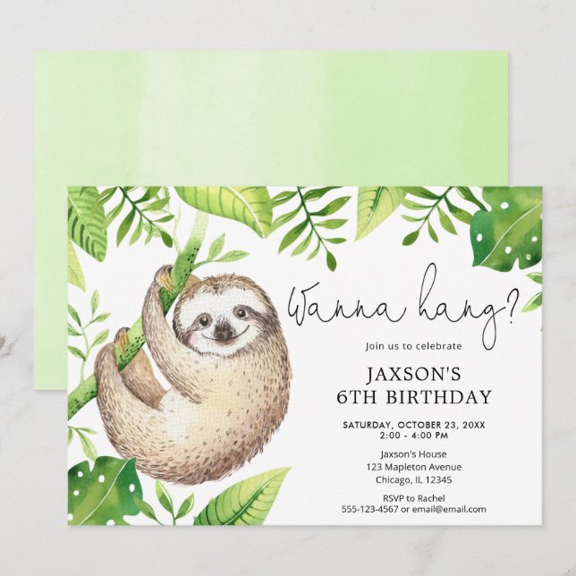 Cute sloth green leaves boy birthday party invitation (Front/Back)