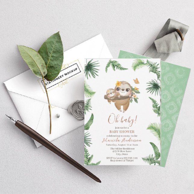 Cute Sloth Greenery Watercolor Baby Shower Invitation (Creator Uploaded)