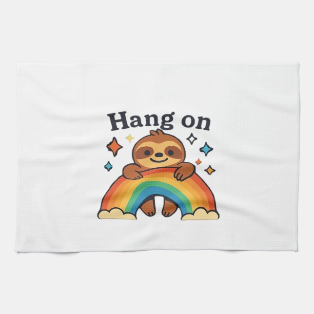 Cute Sloth �Hang On� Rainbow Positive Quote Sticke Tea Towel (Horizontal)