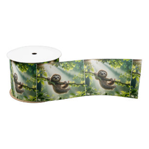 Cute Sloth Hanging From a Branch In Sunbeams Satin Ribbon