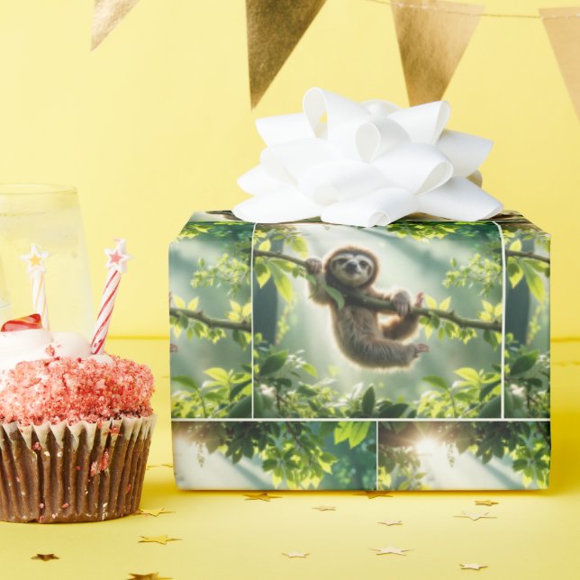 Cute Sloth Hanging From a Branch In Sunbeams Wrapping Paper (Birthday Party)