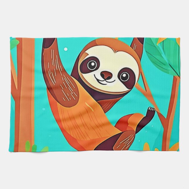 Cute Sloth Hanging in Jungle Tea Towel (Horizontal)