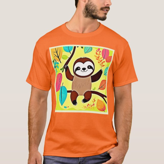 Cute Sloth Hanging on a Tree Branch T-Shirt (Front)