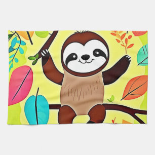 Cute Sloth Hanging on a Tree Branch Tea Towel