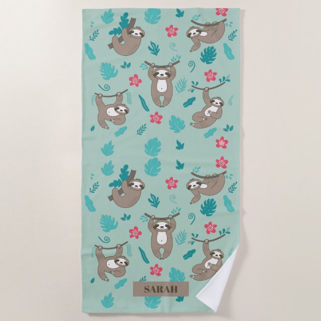 Cute Sloth Hanging Pattern Personalised Name  Beach Towel (Front)