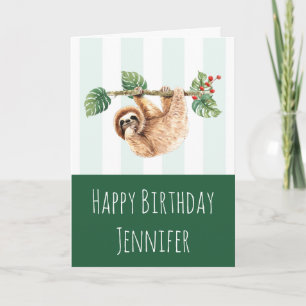Cute Sloth Hanging Upside Down Watercolor Birthday Card