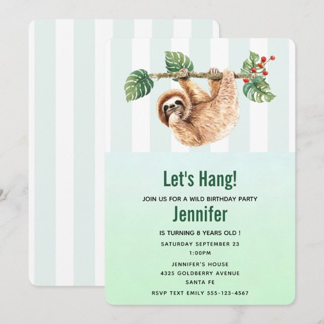 Cute Sloth Hanging Upside Down Watercolor Birthday Invitation (Front/Back)