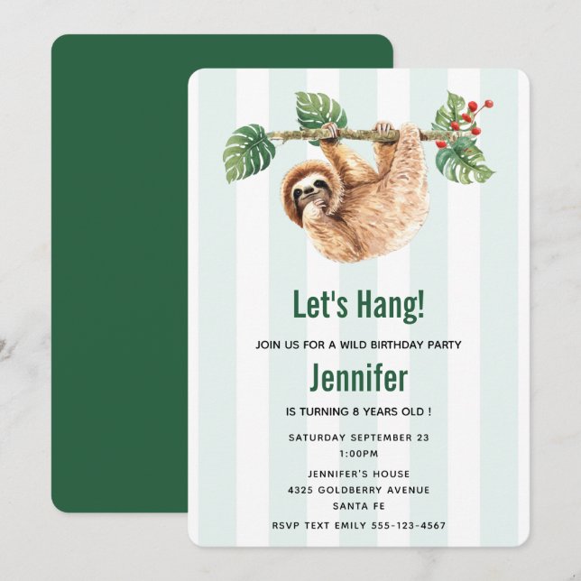 Cute Sloth Hanging Upside Down Watercolor Birthday Invitation (Front/Back)