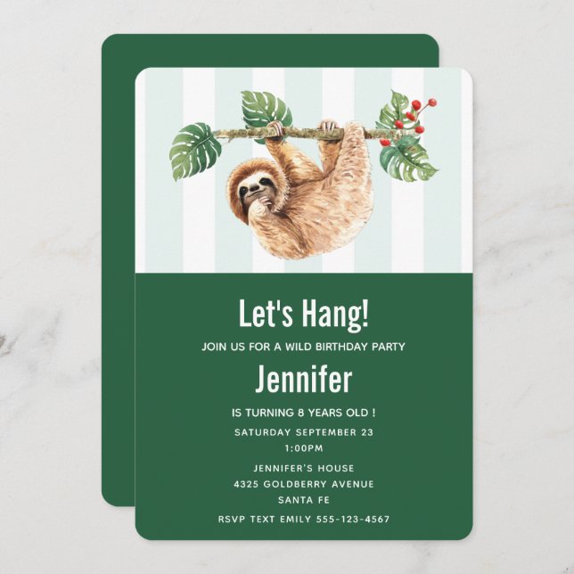 Cute Sloth Hanging Upside Down Watercolor Birthday Invitation (Front/Back)
