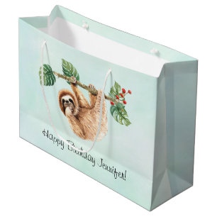Cute Sloth Hanging Upside Down Watercolor Birthday Large Gift Bag