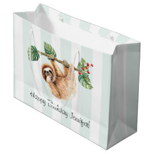 Cute Sloth Hanging Upside Down Watercolor Birthday Large Gift Bag