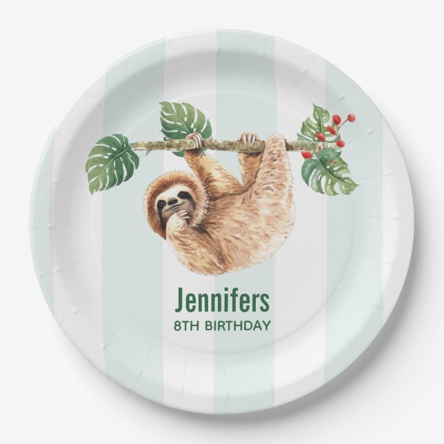 Cute Sloth Hanging Upside Down Watercolor Birthday Paper Plate (Front)