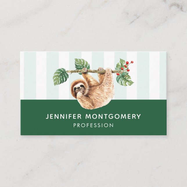 Cute Sloth Hanging Upside Down Watercolor Business Card (Front)
