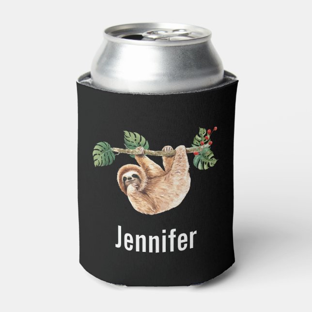 Cute Sloth Hanging Upside Down Watercolor Can Cooler (Can Front)