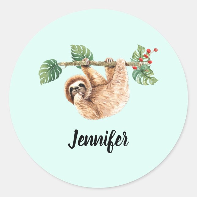 Cute Sloth Hanging Upside Down Watercolor Classic Round Sticker (Front)