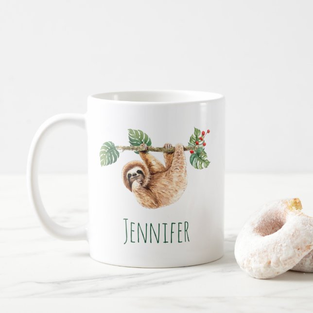 Cute Sloth Hanging Upside Down Watercolor Coffee Mug (With Donut)