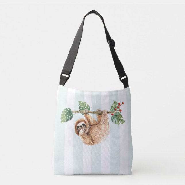 Cute Sloth Hanging Upside Down Watercolor Crossbody Bag (Front)