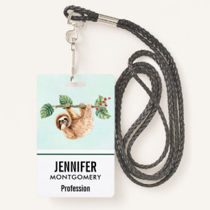 Cute Sloth Hanging Upside Down Watercolor ID Badge
