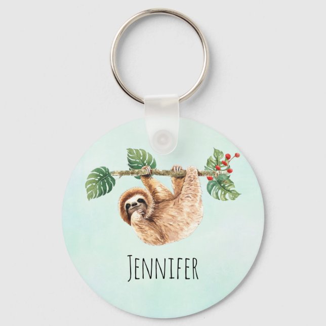 Cute Sloth Hanging Upside Down Watercolor Key Ring (Front)