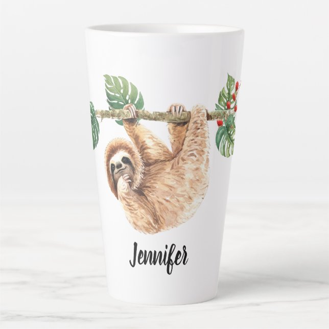 Cute Sloth Hanging Upside Down Watercolor Latte Mug (Front)
