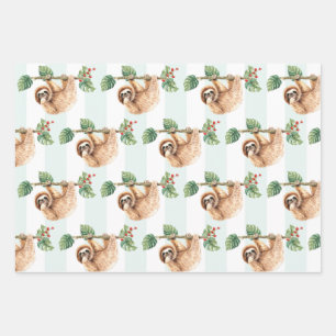 Cute Sloth Hanging Upside Down Watercolor Pattern Wrapping Paper Sheet