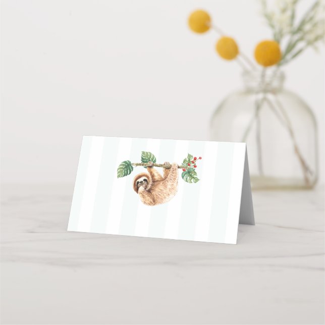 Cute Sloth Hanging Upside Down Watercolor Place Card (Front)