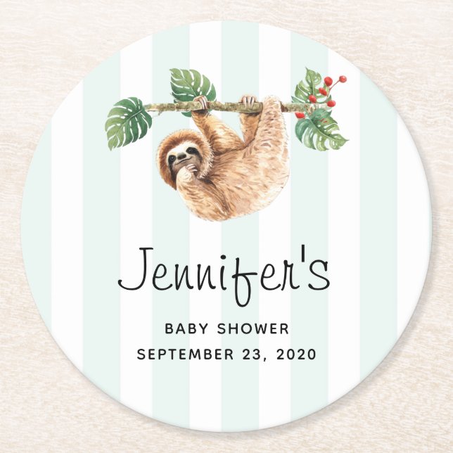 Cute Sloth Hanging Upside Down Watercolor Round Paper Coaster (Front)